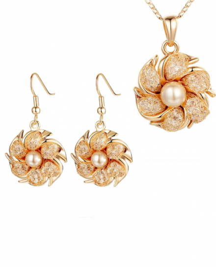 Set šperkov - umelá perla osadená uprostred pozláteného kvetu