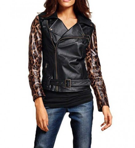 Dizajnová kožená bunda s leopardími rukávmi